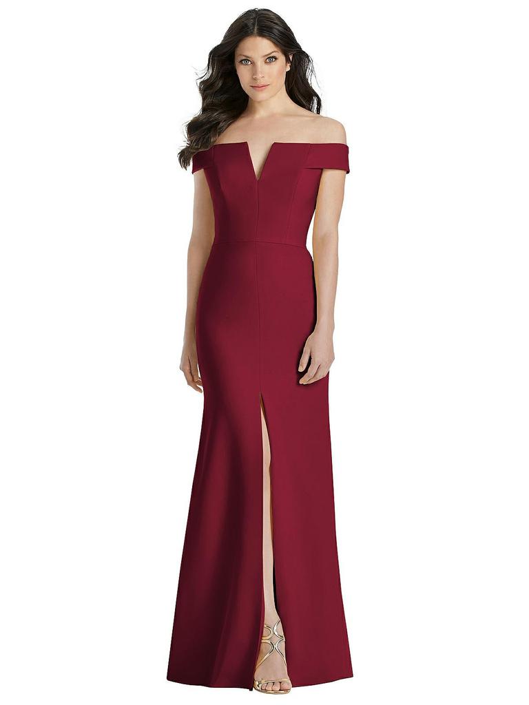 Dessy Collection Off-the-Shoulder Notch Trumpet Gown with Front Slit