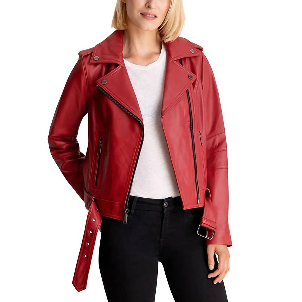 Michael Kors Moto Belted Zip Up Leather Jacket In Scarlet 1