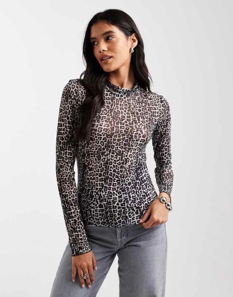 Pieces Pieces high neck mesh top in tonal animal print