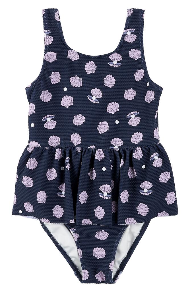 Petit Lem Oyster Print Textured Skirted One-Piece Swimsuit