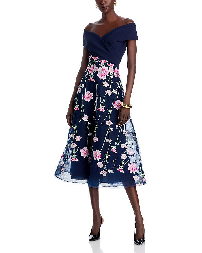 Teri Jon Crepe Off-the-Shoulder Embroidered Tulle Dress