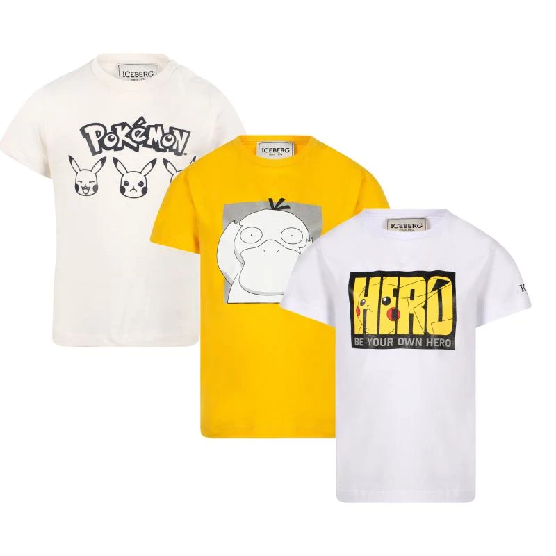 Iceberg Kids Pokemon pikachu hero and psyduck t shirts set in white and yellow 1