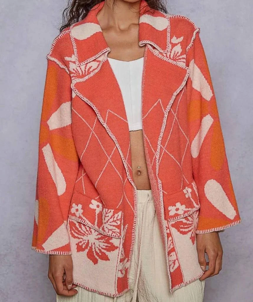 POL Stitch Detail Floral Collared Relaxed Fit Cardigan In Coral Red