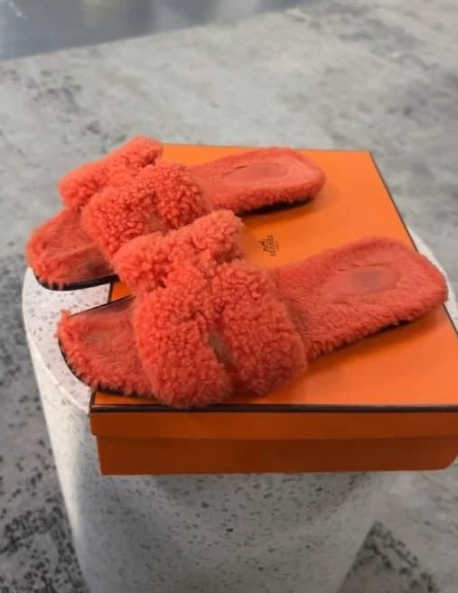Hermes Hermes Orange Shearling Fur Oran Flat Slides Size 37 2