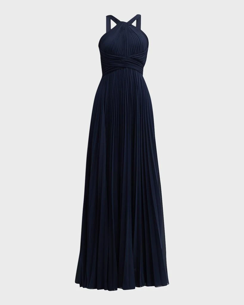 Teri Jon Pleated Twist-Front A-Line Halter Gown 1