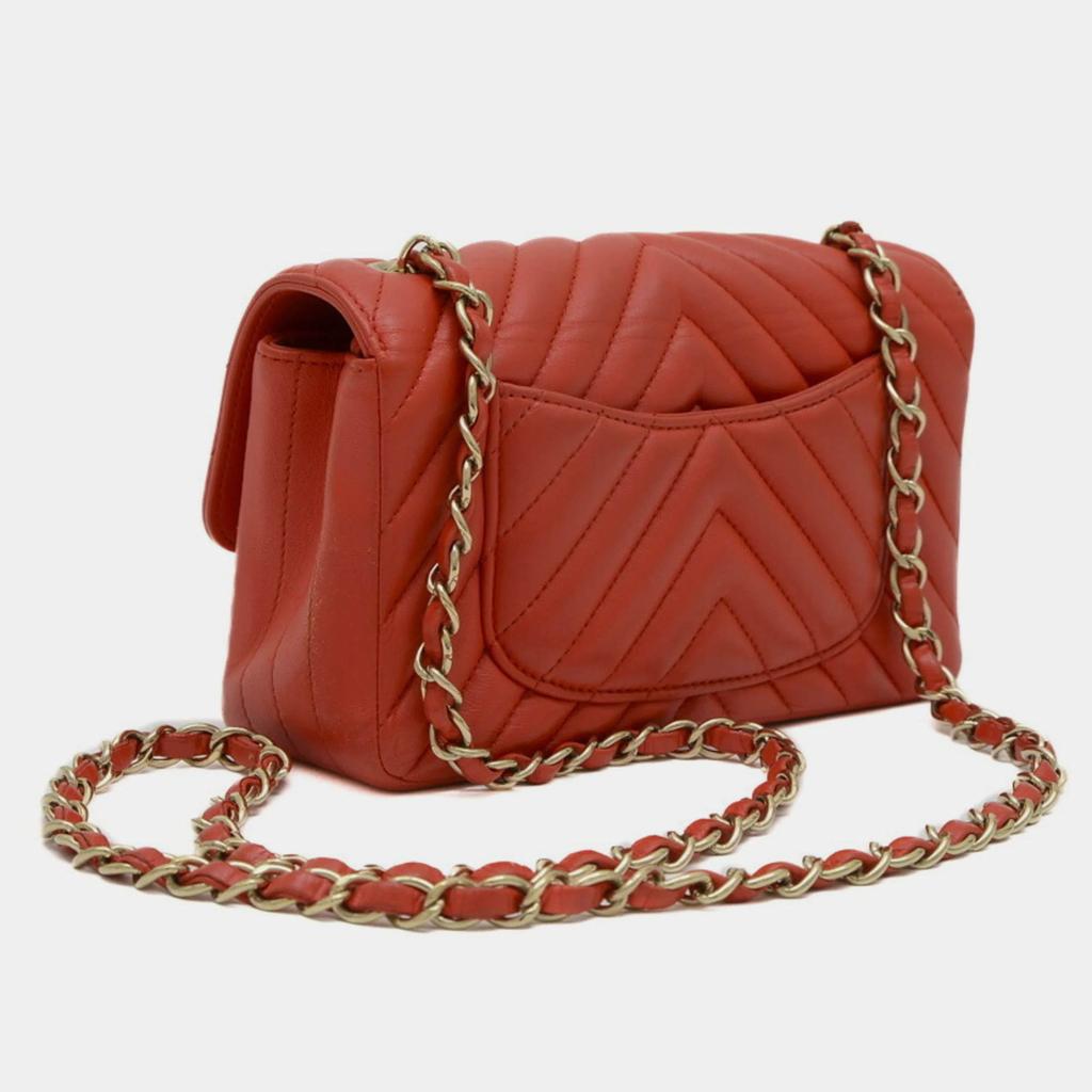 Chanel Chanel Red Lambskin Leather Chevron Chain Shoulder Bag