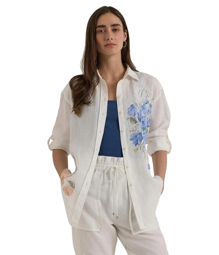 Ralph Lauren Petite Oversize Floral Eyelet-Logo Linen Shirt 1