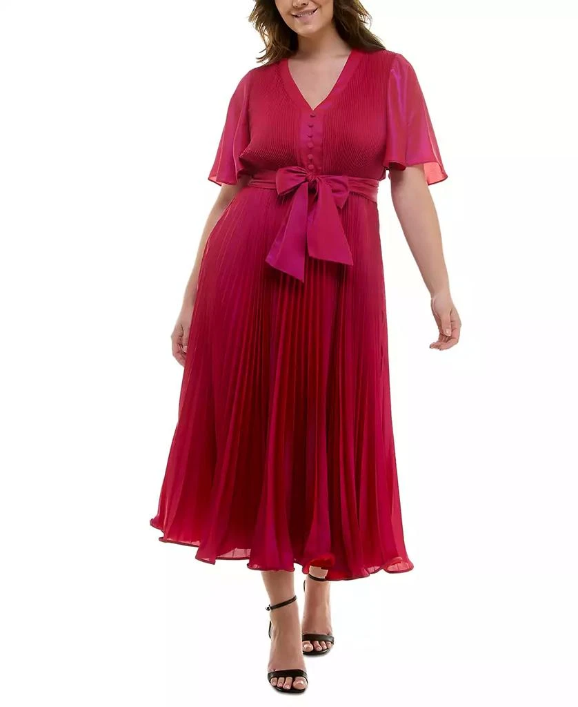 Taylor Plus Size Pleated Tie-Belt Flutter-Sleeve Maxi Dress 1