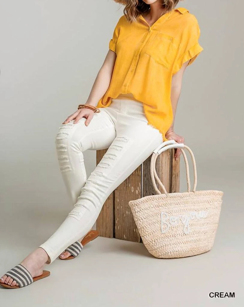 umgee High Waist Distressed Jeggings In Cream 2