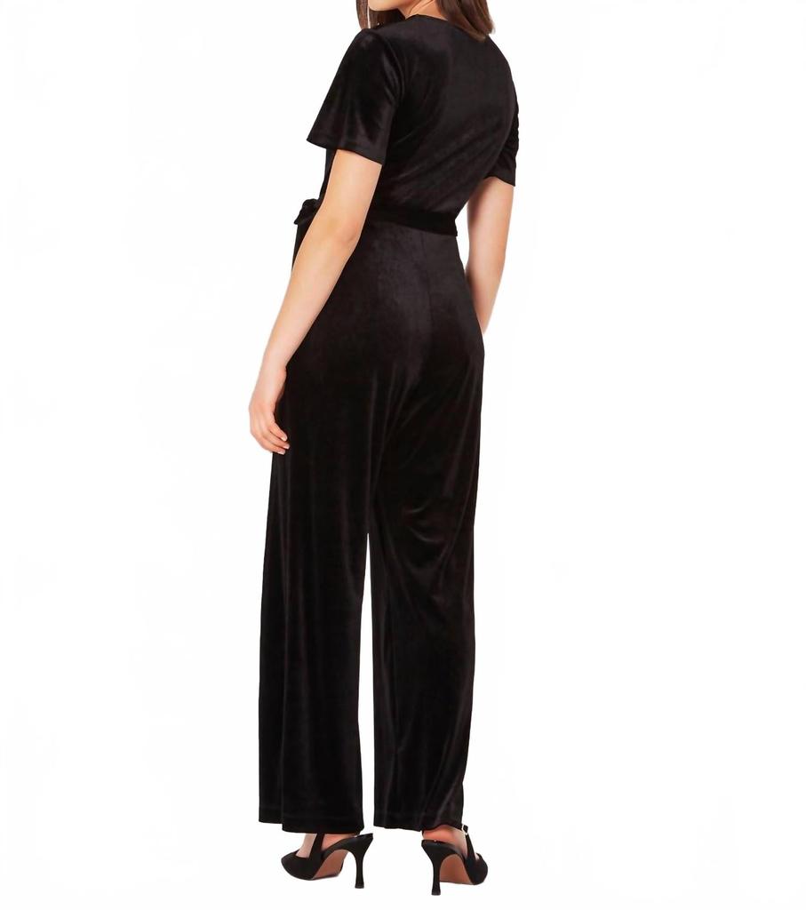 APRICOT Flutter Sleeve Velvet Jumpsuit In Black