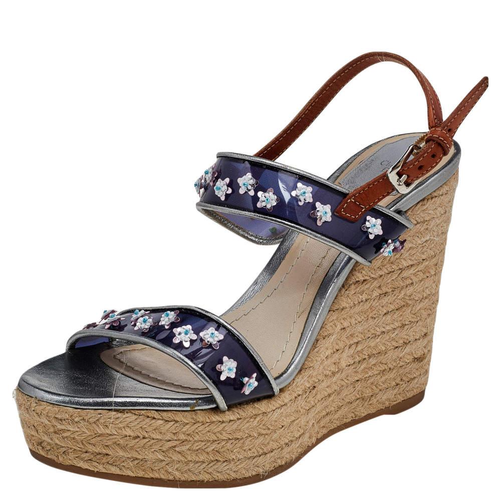 Dior Dior Blue/Brown PVC And Leather Flower Embellished Wedge Platform Espadrille Sandals Size 38.5