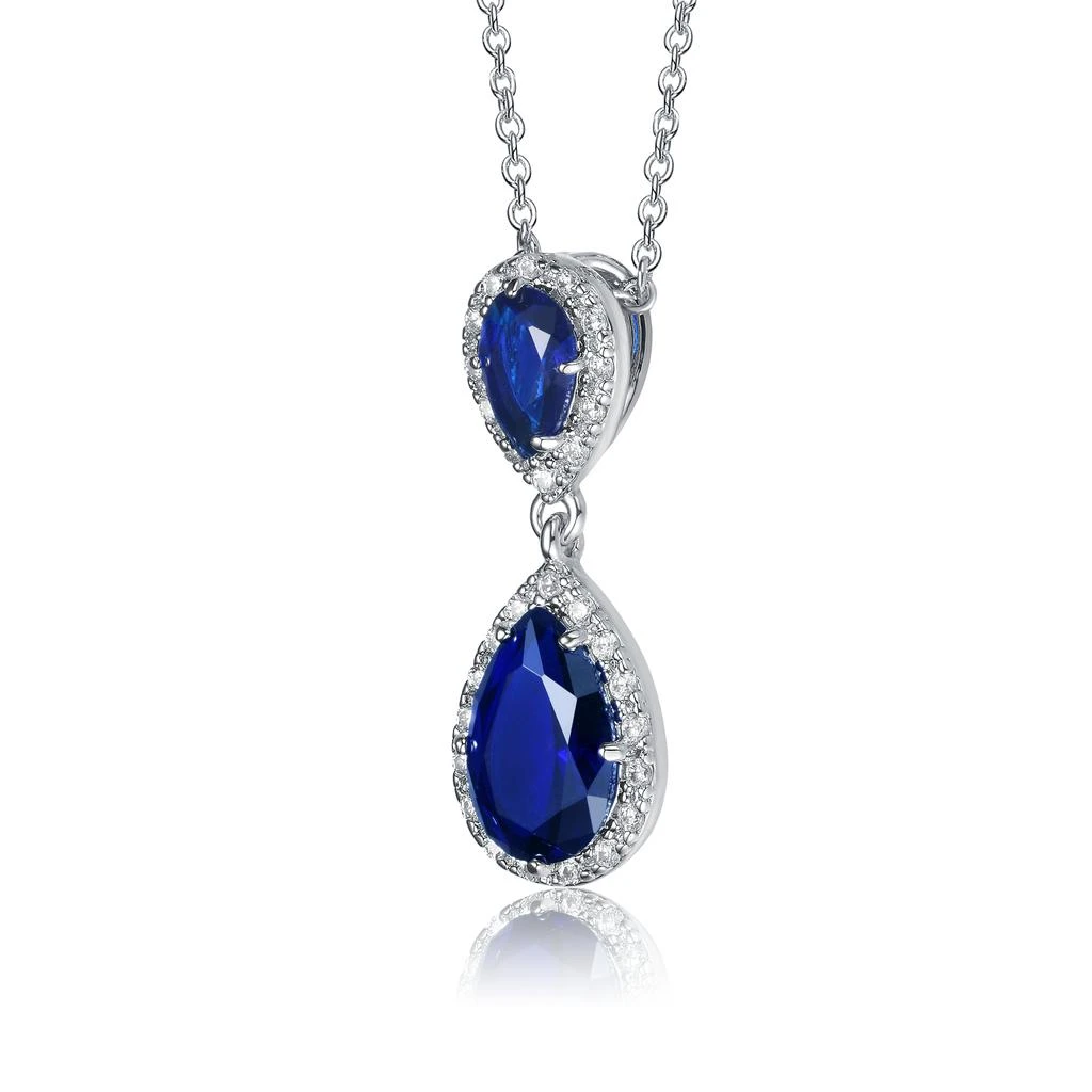 Genevive Sterling Silver With Rhodium Plated Two Sapphire Blue Pear With Round Cubic Zirconia Halo Drop Necklace 2