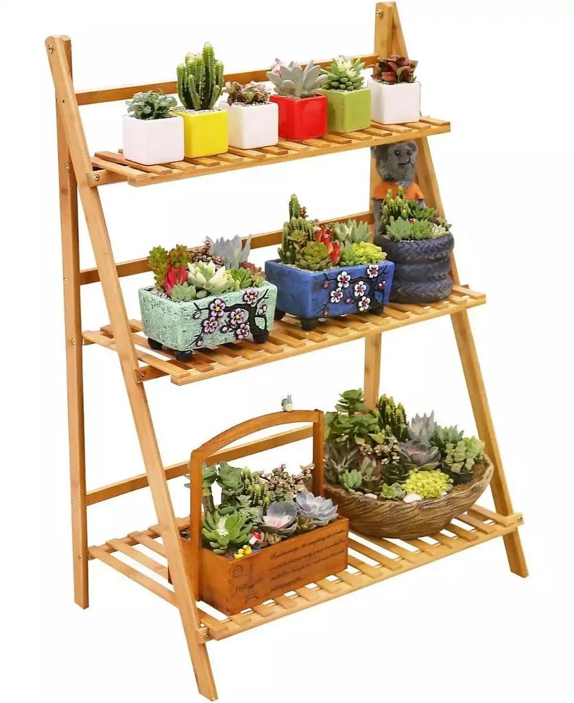 UNHO Introducing the Premium 3-Tier Bamboo Plant Stand,Durable, Space-Saving 
Easy Assembly,Hanging Rack for Patio/Garden