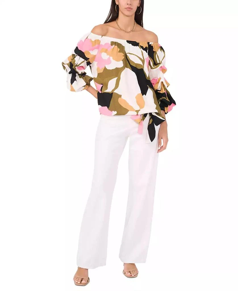Vince Camuto Women's Printed Linen-Blend Off The Shoulder Bubble Sleeve Tie Front Top 3