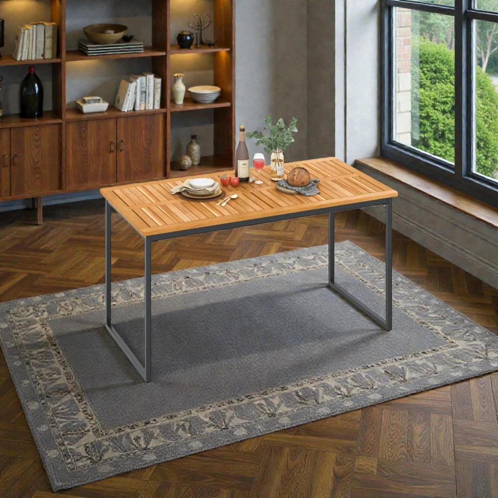 Hivvago Slatted Acacia Wood Dining Table for 6 with Built-in Umbrella Feature