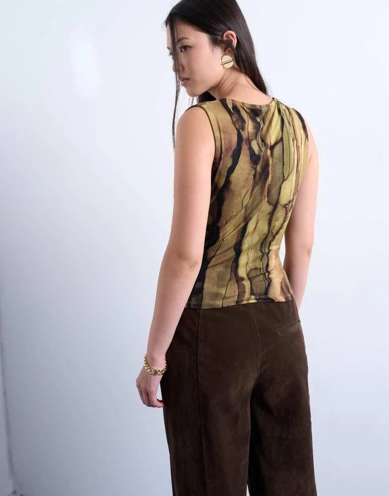 Shop Topshop abstract print asymmetric wrap detail top in brown on