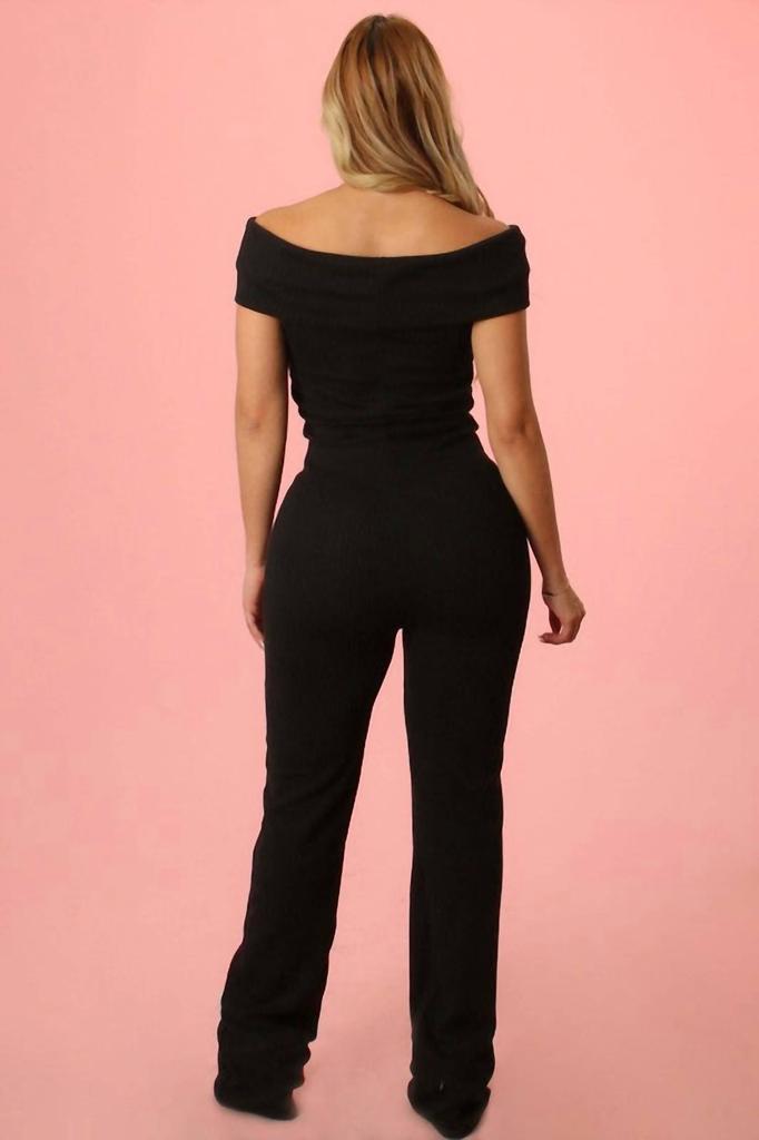 Yellow Cabbage Ribbed Off Shoulder Jumpsuit In Black