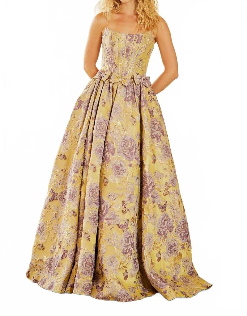 Amelia Couture Strapless Flower Bow Detail Prom Gown In Yellow 2