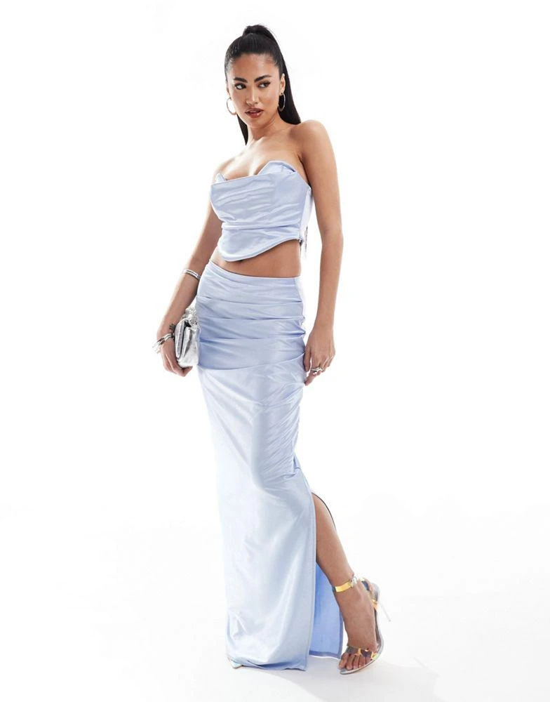 Shop ASOS DESIGN co-ord ruched side satin twill maxi skirt in blue