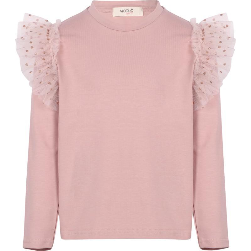 ViCOLO Girl Ruffled tulle detailing long sleeved t shirt and floral print ruffled skirt set in pink and black