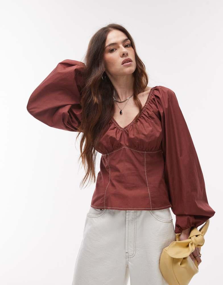 Topshop Topshop ruched neck balloon sleeve blouse with top stitching in chocolate