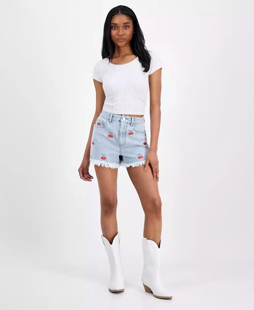 Indigo Rein Juniors' Cherry Embroidered Denim Shorts