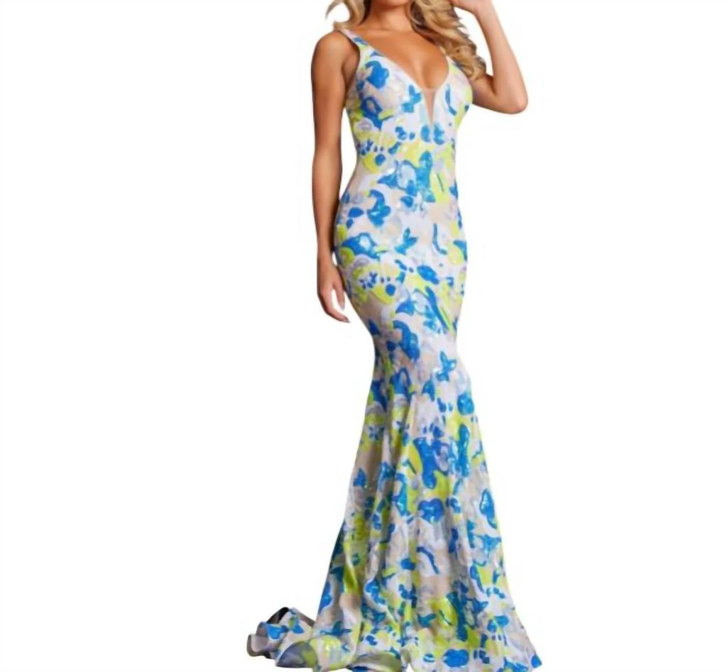V-Neck Sequin Dress In Yellow/blue Floral  On Sale Now with Up to 59% Off  | Discover Exclusive Deals & Savings at BeyondStyle  Authentic Jovani  women|clothing|dresses with Limited-Time Discounts, Free Shipping,