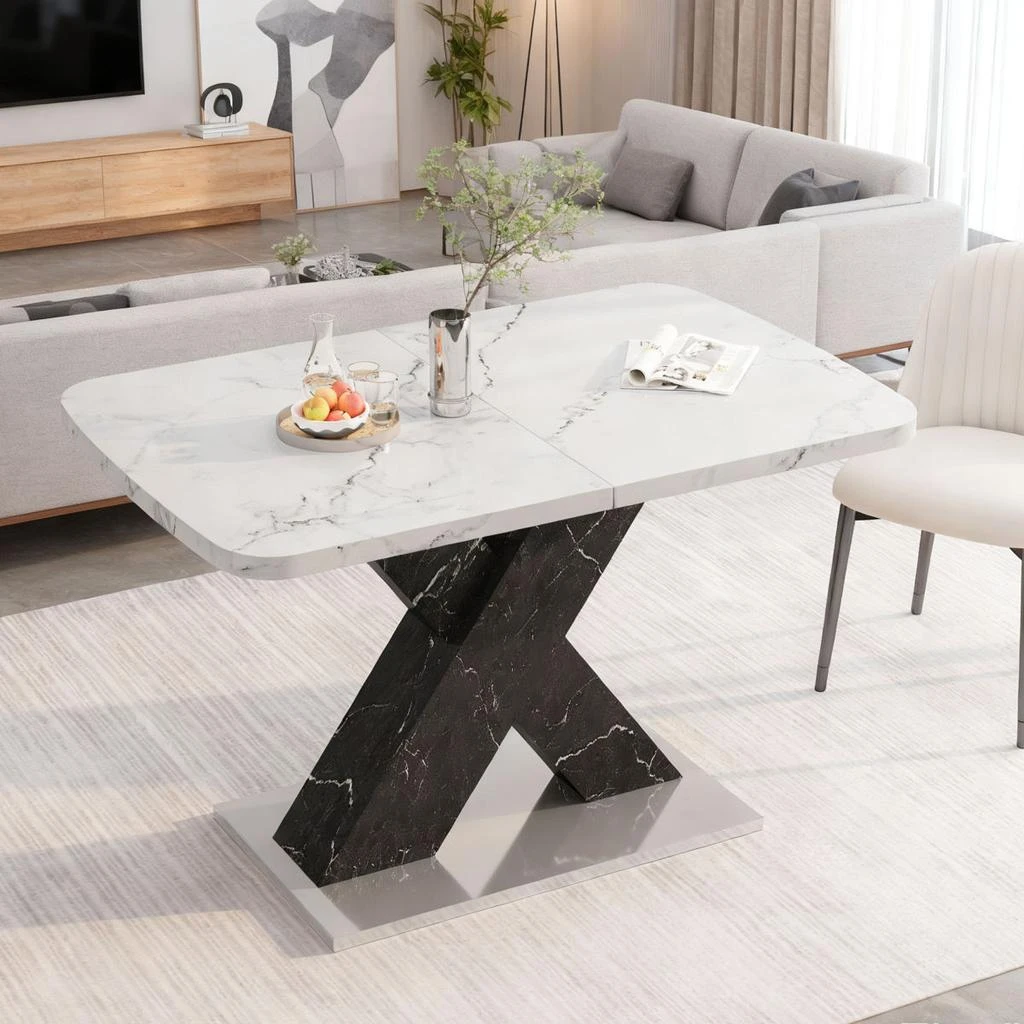 Streamdale Furniture Streamdale Modern Rectangle Dining Table, Stretchable, White Marble Top, Black X-Shape Leg 2