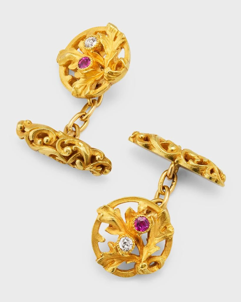NM Estate Estate Art Nouveau 18K Yellow Gold Diamond Ruby Circular Floral Leaf Cuff Links 3