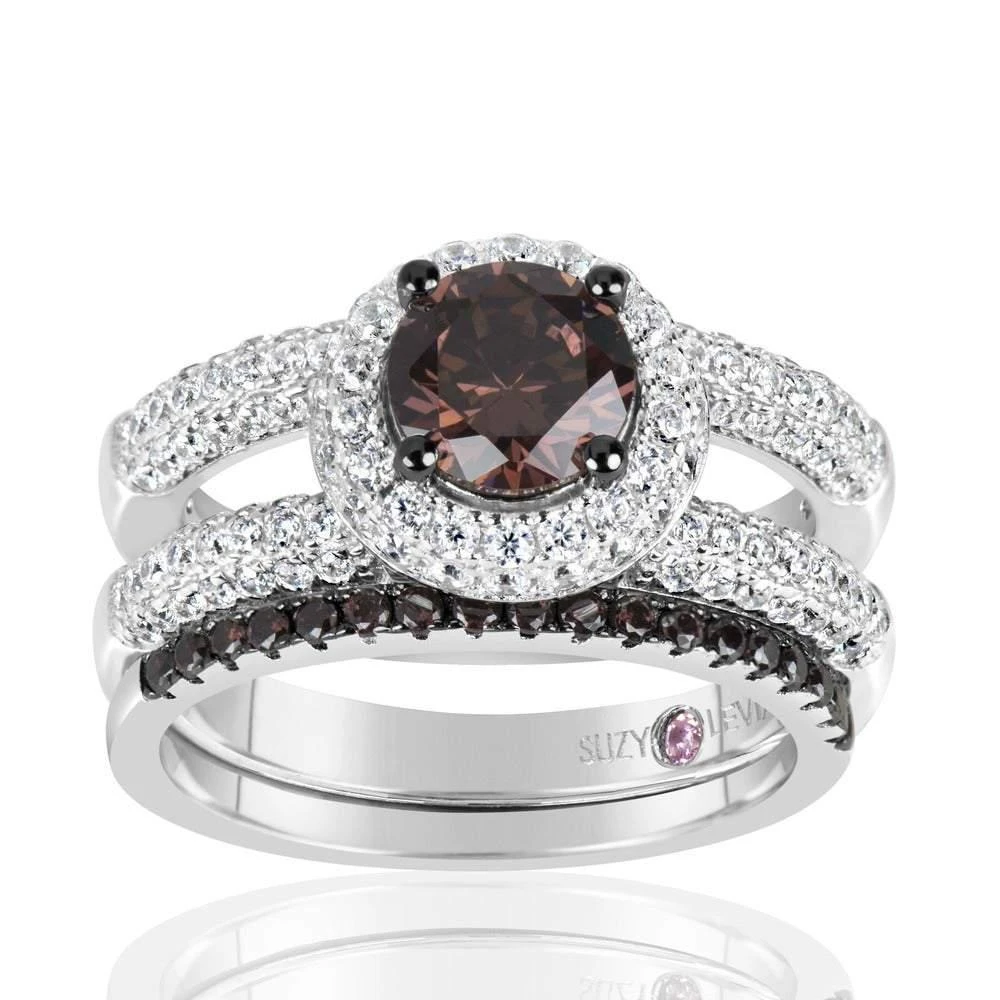 Suzy Levian Sterling Silver Brown Chocolate and White Cubic Zirconia 2-Piece Engagement Ring 1