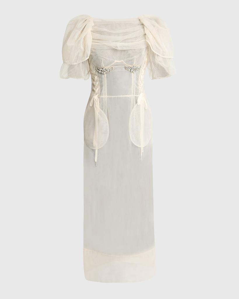 Simone Rocha Crystal Petal-Sleeve Laced Corset Midi Dress