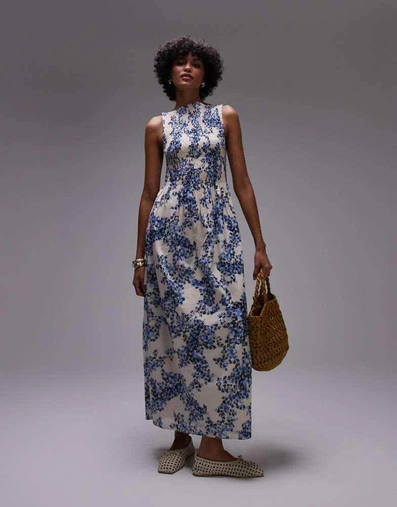 & Other Stories boat neck maxi dress with smocked bodice in blue floral  print  On Sale Now with Up to 20% Off | Discover Exclusive Deals & Savings  at BeyondStyle
