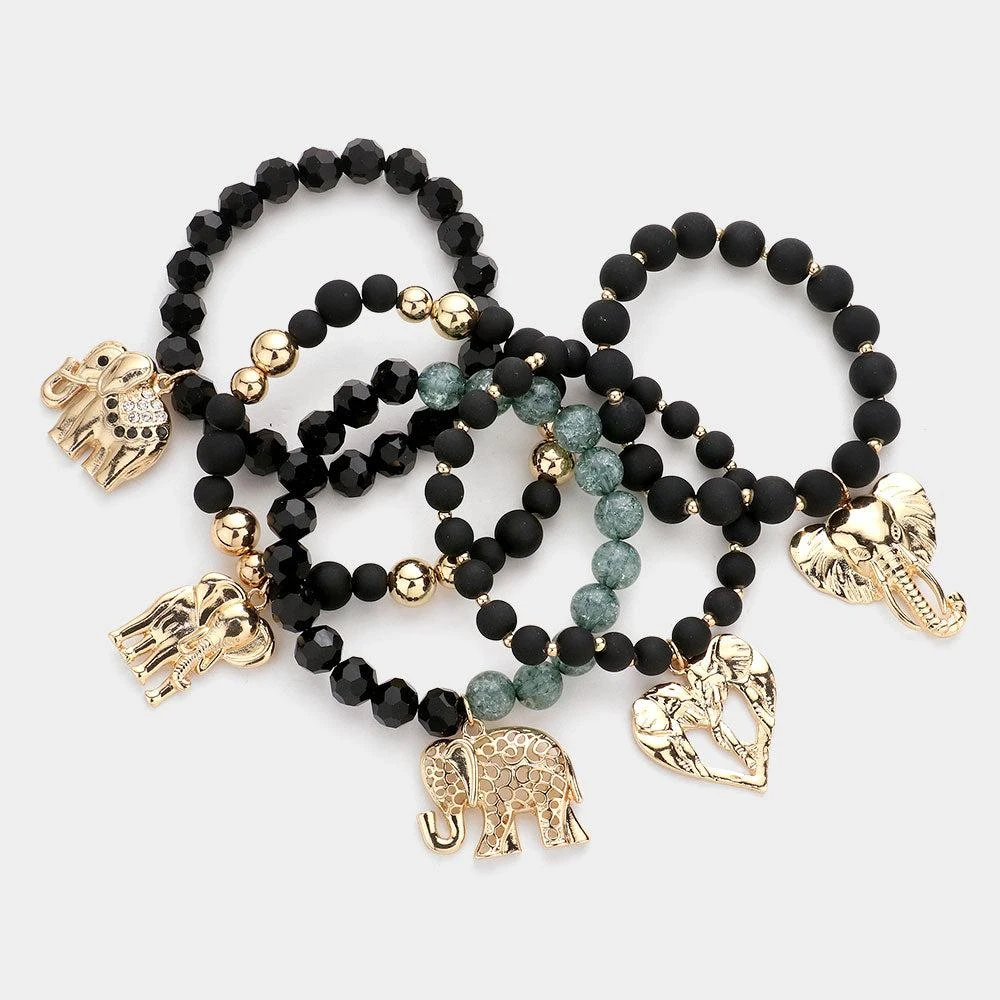 FASHNZFAB 5PCS - Metal Elephant Charm Faceted Beaded Stretch Bracelets 2
