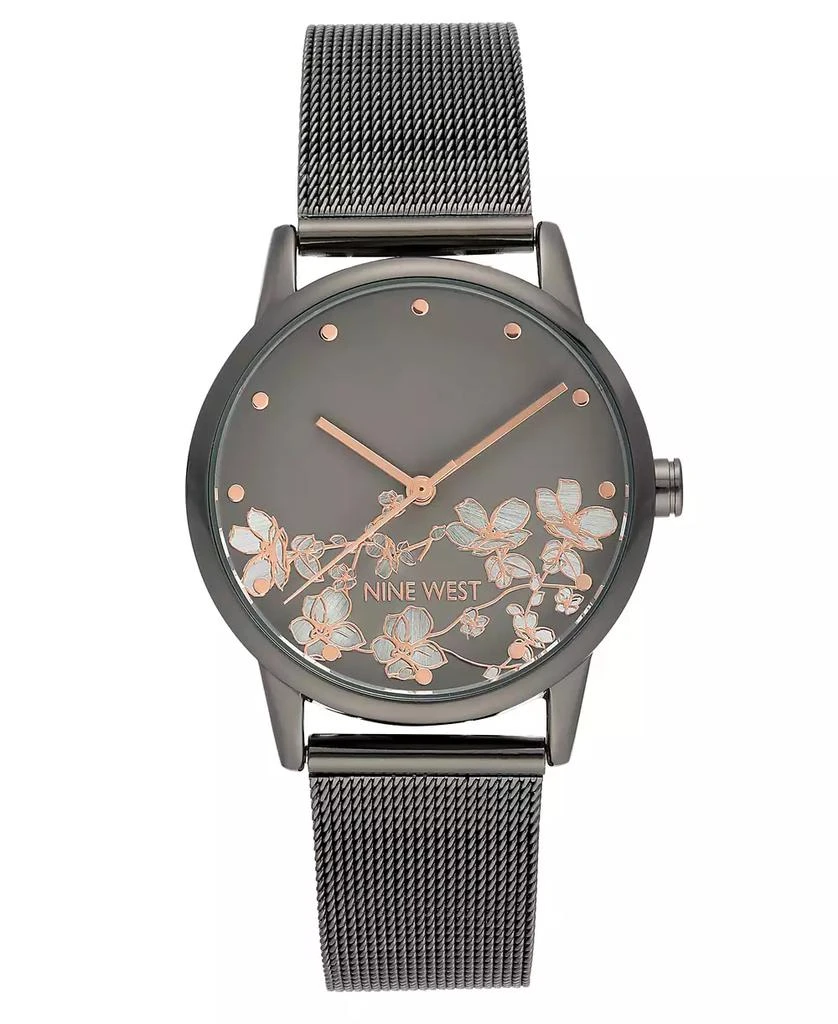 Nine West Women's Quartz Dark Gray Stainless Steel Mesh Band and Flower Pattern Watch, 35mm 1