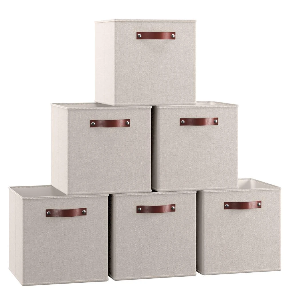 Ornavo Home Foldable Linen Storage Cube Bin with Leather Handles - Set of 6 5