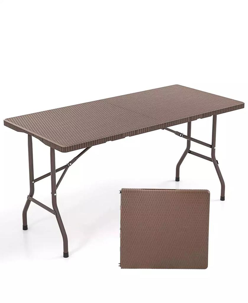 Costway 5 ft Folding Picnic Table Outdoor Dining Table with Rattan Grain HDPE Tabletop