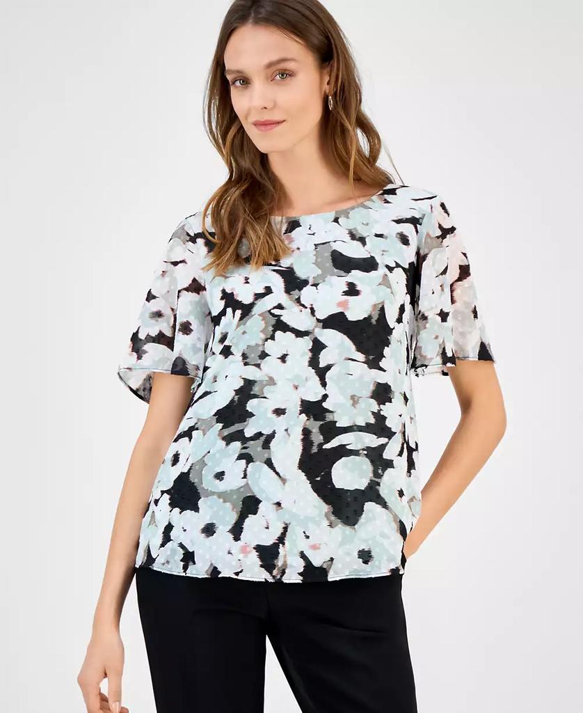 Kasper Women's Printed Swiss Dot Flutter-Sleeve Blouse