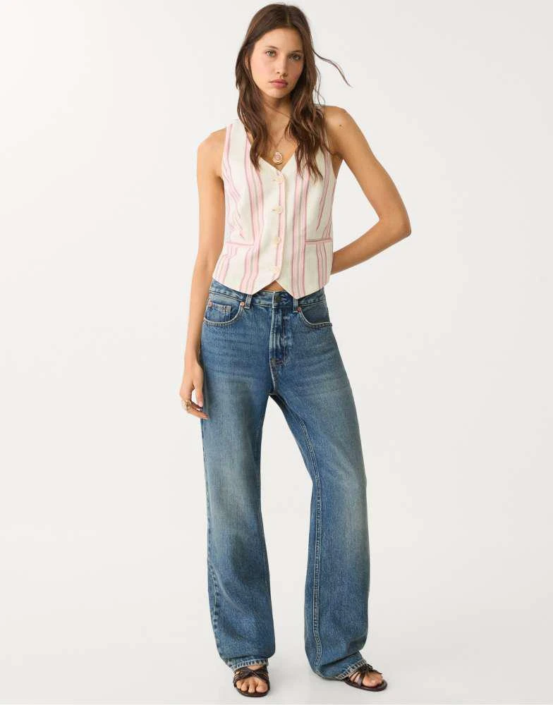 Stradivarius Stradivarius Tall d92 straight wide-leg jeans in very dark/rinse wash blue 1