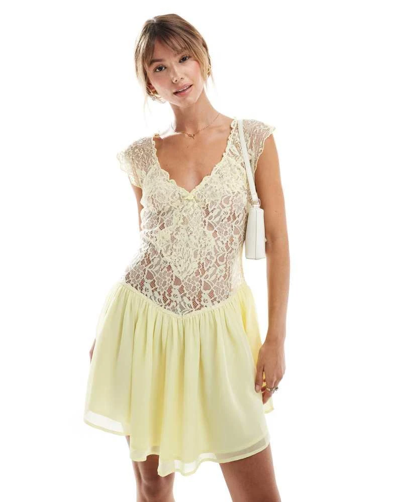 ASOS ASOS DESIGN Mixed lace mini tea dress in lemon yellow 1