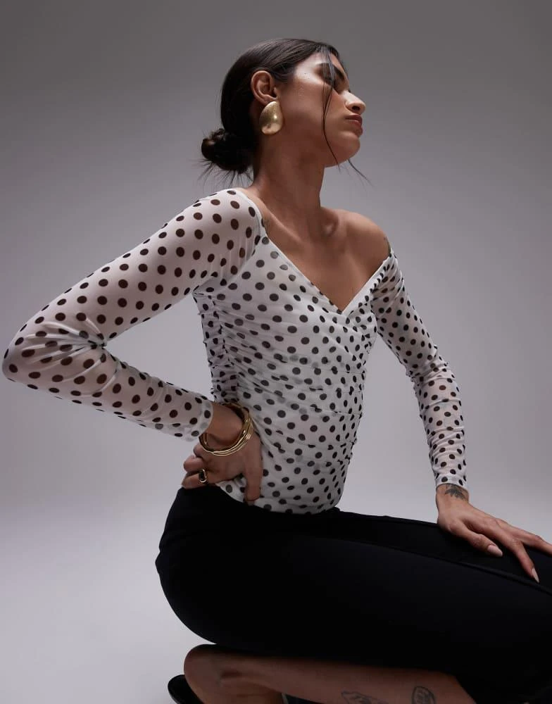 ASOS ASOS DESIGN mesh wrap bardot top in white polka dot 1