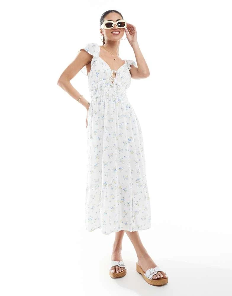 HOLLISTER Hollister short sleeve milkmaid midi slit dress in blue floral 1