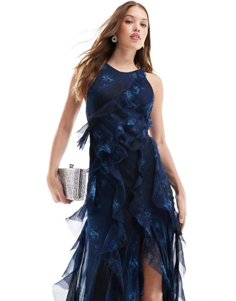 ASOS ASOS DESIGN racer neckline ruffle maxi dress with hi low hem in teal floral print 2