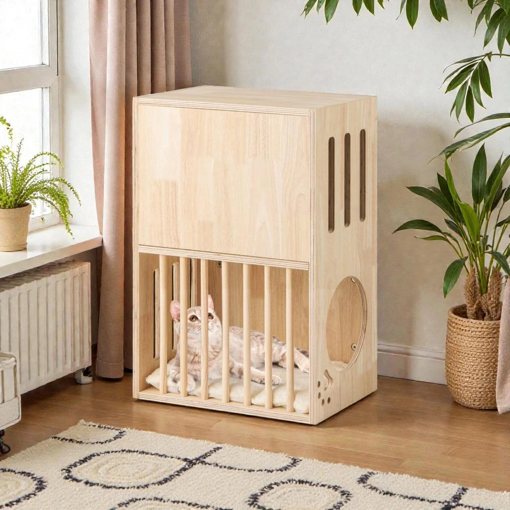 Hivvago Double-Layer Wooden Cat Enclosure with Soft, Removable Cushions
