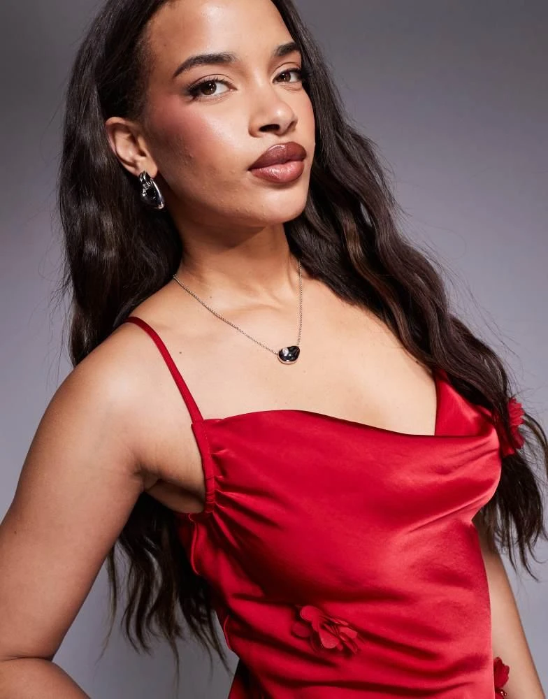 New Look New Look corsage detail satin slip midi dress in red 3