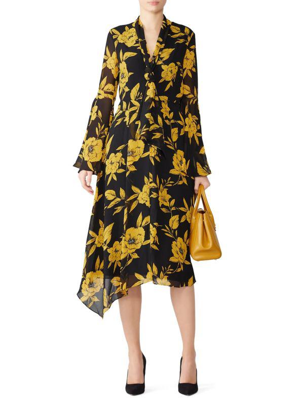 Jay Godfrey Lanni Tie Neck Floral Midi Dress
