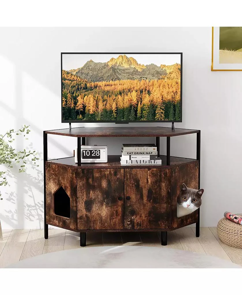 Gymax Corner Cat Litter Box Enclosure End Table w/ Open Shelf 2 Entries Double Doors 4