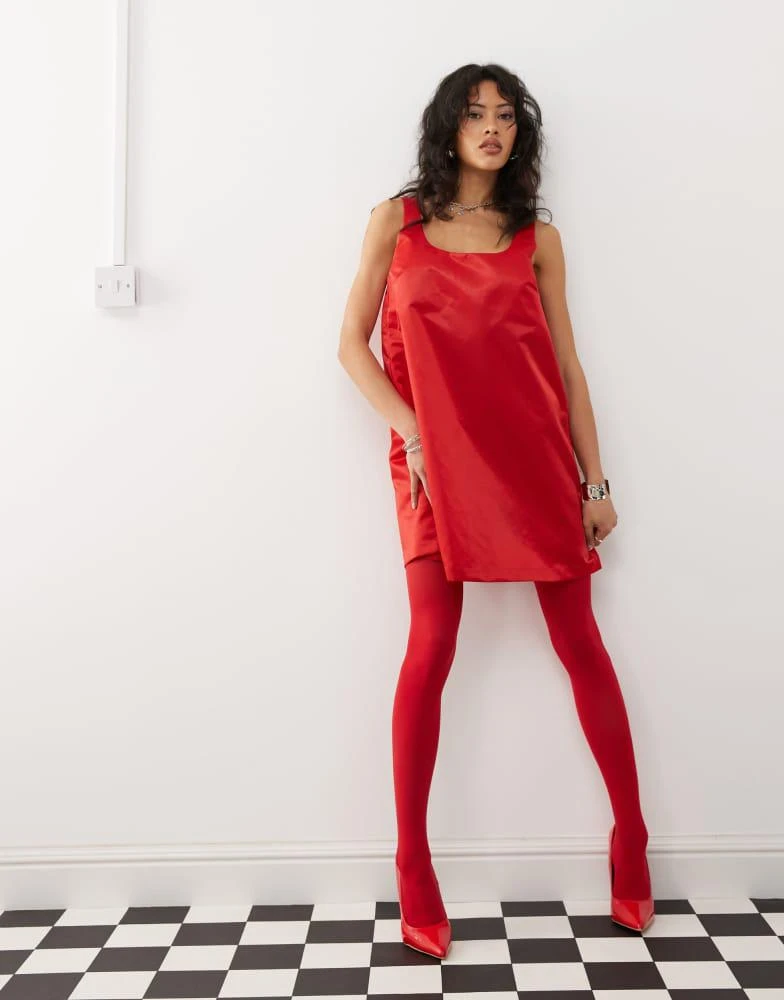 Monki Monki satin look pinafore mini dress in red 2