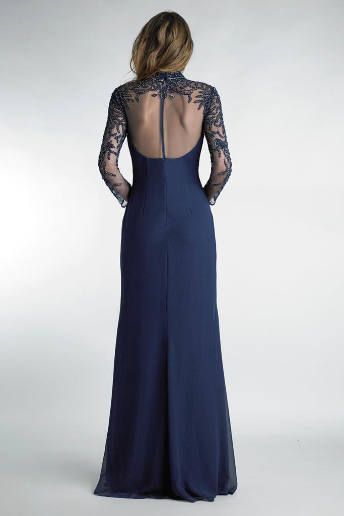 Basix Black Label Basix Beaded Mock Neck Long Sleeve Sheer Yoke Gown In Lightweight Fabric