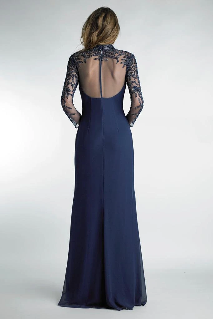 Basix Black Label Basix Beaded Mock Neck Long Sleeve Sheer Yoke Gown In Lightweight Fabric 2