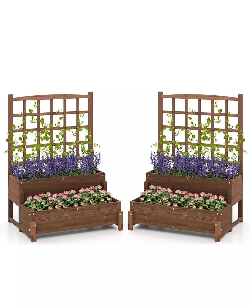 Gymax 2PCS Raised Garden Bed w/Trellis Drainage Holes Legs Twisting Rope for Backyard